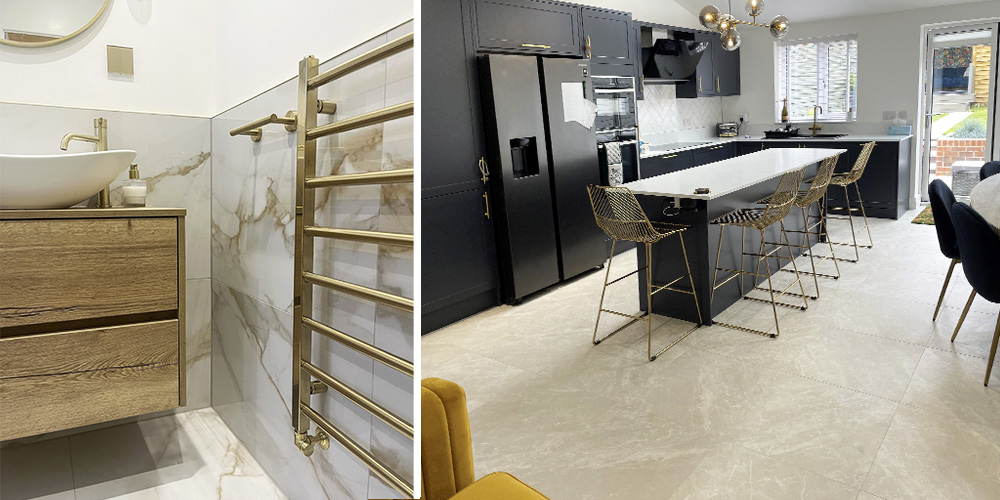 (Left) Amalfi gold polished wall tiles, (Right) Amiata Gris porcelain floor tiles